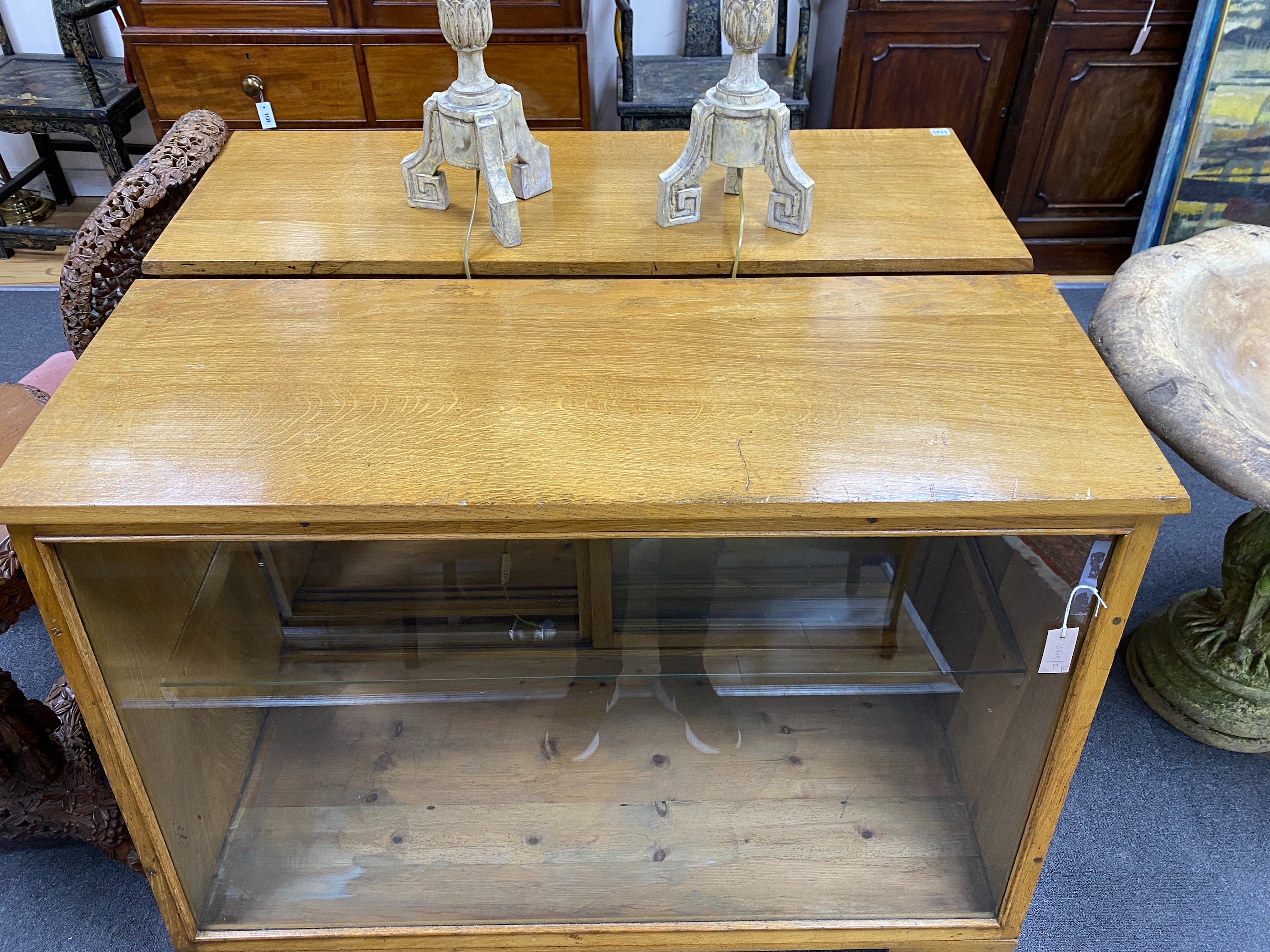 A pair of mid century oak haberdashery cabinets, width 104cm depth 56cm height 90cm